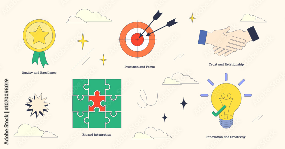Poster the image showcases key concepts like precision, trust, and innovation using symbols like a target, 