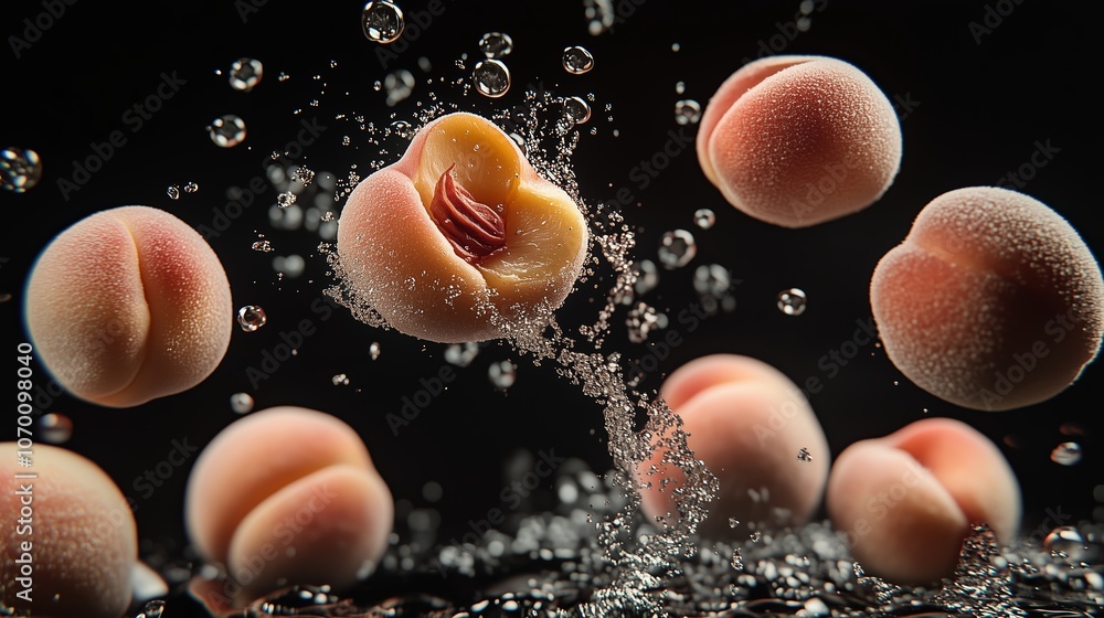 Poster water droplets surround floating peach fruit halves on a dark background, creating a refreshing and 