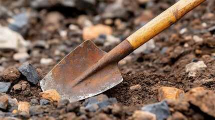 A rusty shovel lies in the dirt, surrounded by rocks and pebbles.