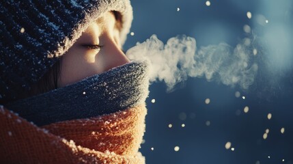 Fototapeta premium Winter asthma awareness a person in warm attire focuses on breathing comfort amid cold air and snow