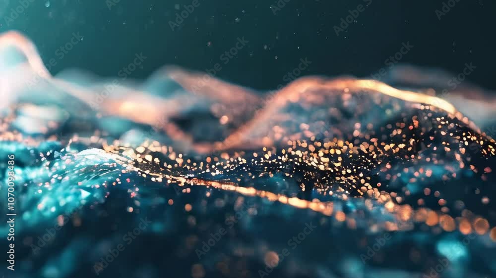 Poster a futuristic abstract scene depicting glowing waves of data with blue and orange lights, simulating 