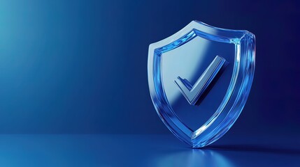 A glass shield with a check mark inside on a blue background, representing protection and security.