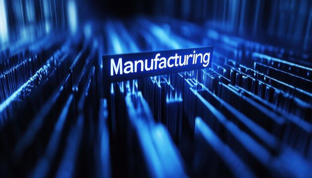 Futuristic blue-toned digital representation of the manufacturing industry with glowing text and abstract geometric patterns symbolizing technology and innovation.