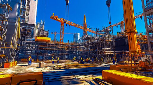 A construction site with a group of workers wearing yellow vests