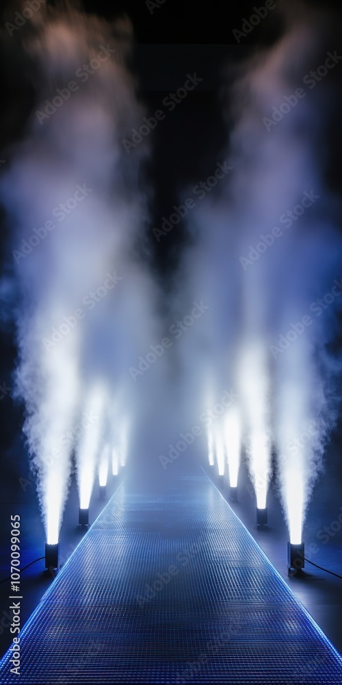Poster dramatic runway with fog and illuminated pathways creating a mysterious atmosphere.