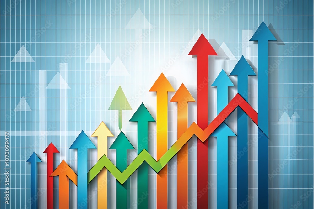 Poster arrows up and down symbolizing growth and decline in business trends with copy space for text and gr