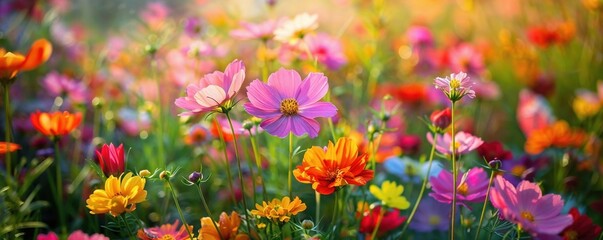 Vibrant wildflower meadow with cosmos flowers in full bloom, displaying a stunning array of pink, orange, yellow and purple petals against lush green stems in summer sunlight