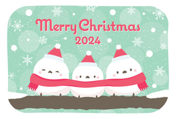 冬らしい雪景色のかわいいシマエナガ(白い鳥)のイラストが描かれたクリスマスカードテンプレート_ホリデーシーズン