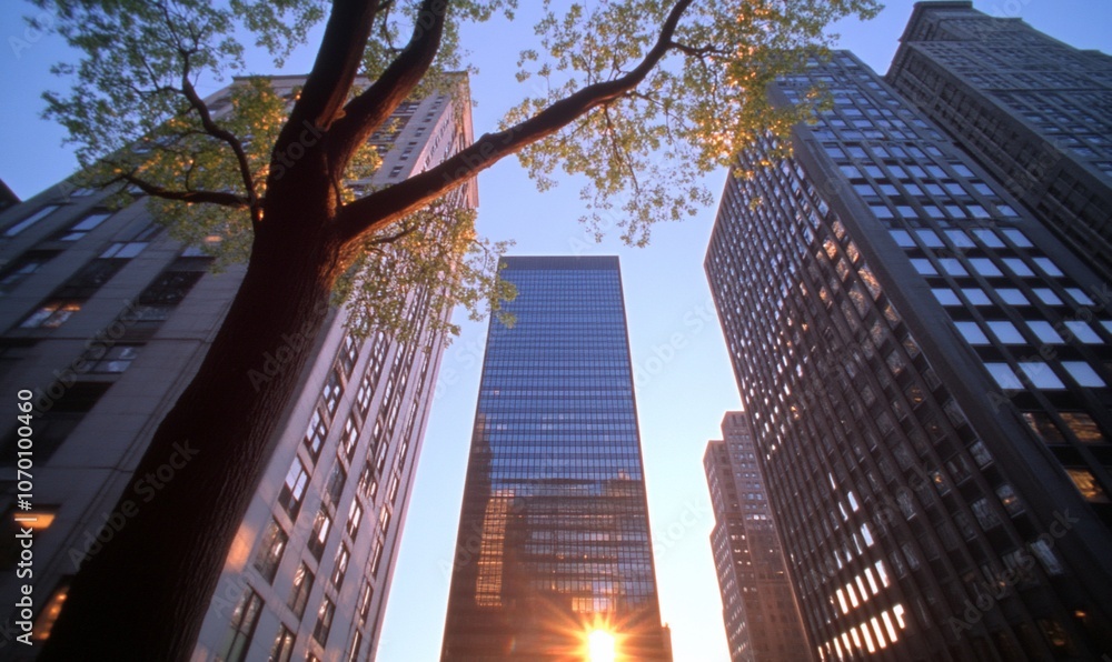 Poster a low angle view of a cityscape with the sun setting behind a tree.