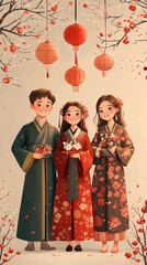 Obraz premium Three people in traditional Chinese clothing, lanterns, and blossoms.