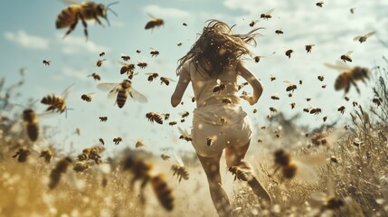 Frantic individual fleeing from a swarm of bees with fear and chaotic energy. AI generated