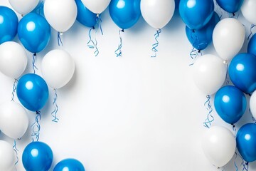 Independence Day of Finland. White and blue flag and balloons. Space for text. Copy space