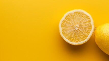 A lemon cut in half on a bright yellow background.