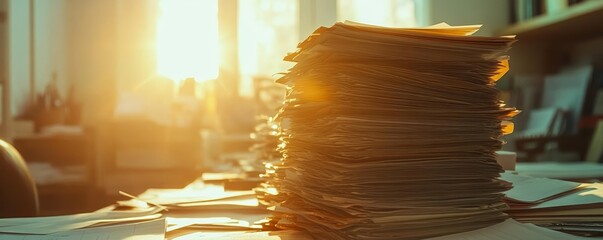 Business professional organizing stacks of documents, sunlight streaming through the window, paperwork management