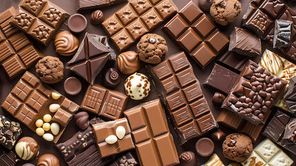 ðŸ« A variety of chocolate bars, pieces, and candies are arranged on a brown background.