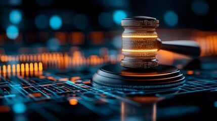 Obraz premium Holographic gavel in a cyber law environment, highlighting digital justice in futuristic context