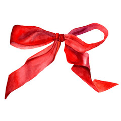 Watercolor hand drawn shiny red bow with knot isolated on white background. Illustration of textile silk bow-knot. Decorative element for holiday covers. Design for invites, packaging, prints, blanks.
