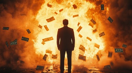 International Anti-Corruption Day. Background on the theme of corruption and crimes related to theft. A person burns in the fire along with the money.