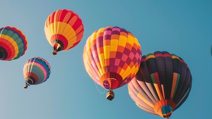 Obraz premium Hot air balloons in various colors floating in the clear blue sky.