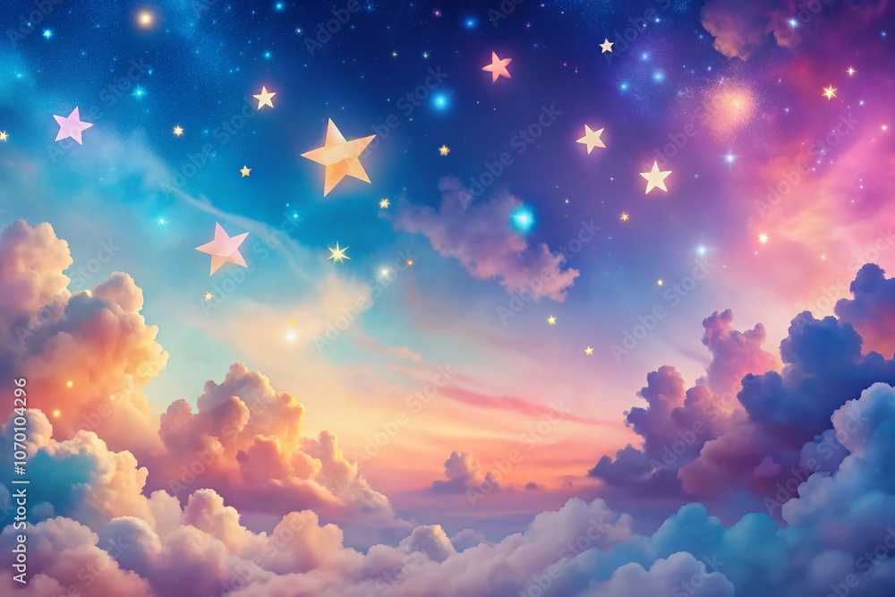 Poster a vibrant sky of pink clouds and blue stars captured in a serene landscape with ample copy space for