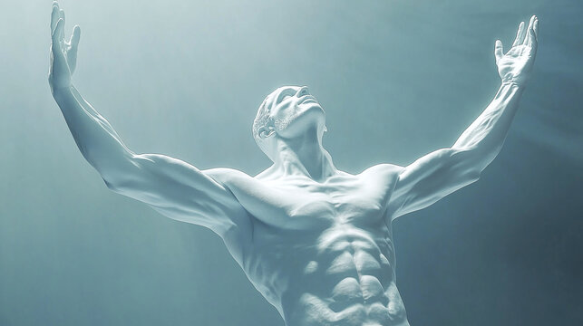Powerful sculpture of a strong man with arms raised in a triumphant pose, symbolizing freedom, strength, and resilience. Inspiring and dynamic.
