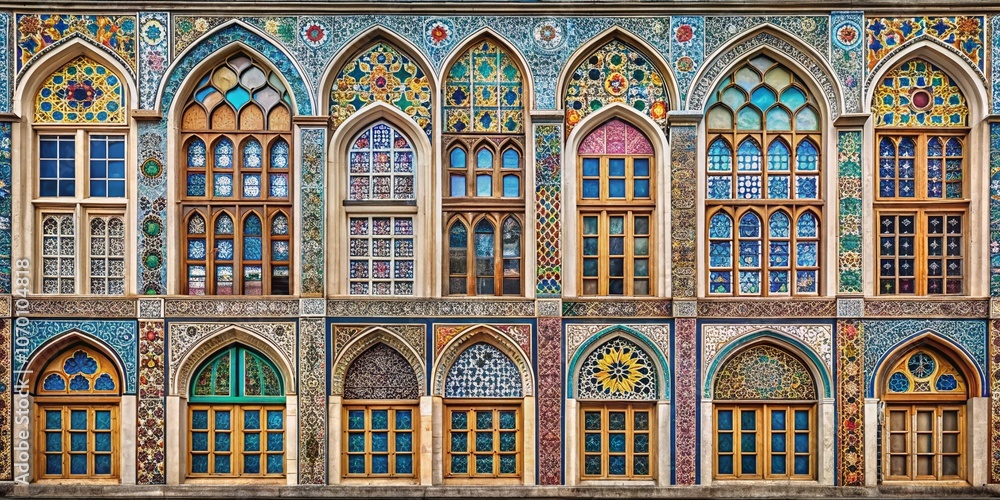 Aufkleber a wall adorned with 24 colorful arched windows in unique patterns against a soft gray background, pe