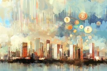 Abstract painting of a city skyline with cryptocurrency coins falling from the sky.