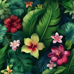 Lush green tropical leaves and colorful flowers in a seamless pattern, perfect for adding a touch of nature to any design