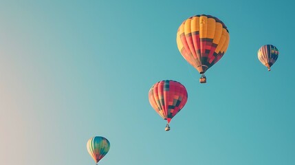 Obraz premium Hot air balloons floating in the sky. The balloons are in various colors, including red, yellow, blue, and green. The sky is clear and blue.
