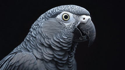 Obraz premium Striking portrait of a grey parrot with detailed feathers, set against a dark background. Ideal for nature, wildlife, or ornithology themes in illustrations or posters.