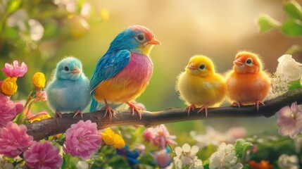 Fototapeta premium a colorful bird sitting on a blooming branch beside two cute baby chicks