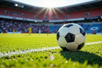 Fototapeta premium A soccer ball is currently resting on the very edge of a soccer field