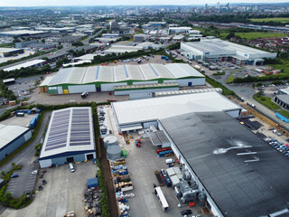 High Angle View of Industrial Estate and Warehouses at Leeds City of United Kingdom. Aerial Footage...