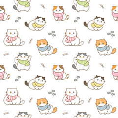 Seamless Pattern of Cute Cartoon Cat Design on White Background