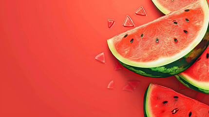 A delicious and refreshing watermelon, cut into slices, on a solid red background. The watermelon is ripe and juicy, with a sweet and tangy flavor.