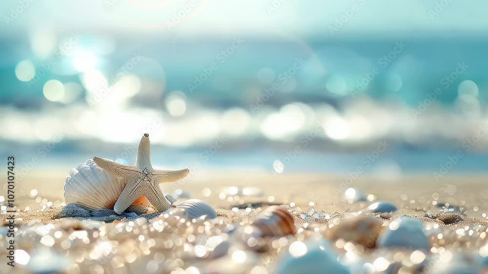 Poster a serene scene of seashells and a starfish resting on golden sand, with a sparkling bokeh ocean in t
