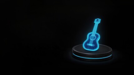 3D icon of a glowing blue holographic guitar on black background, digital music representation, holographic instrument, guitar visuals, blue light effect