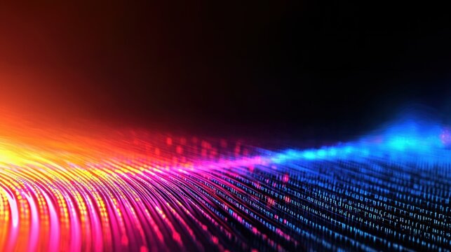 Colorful binary code with glowing lines in a digital background, symbolizing data flow and sound mixing, binary code, digital waves, tech design