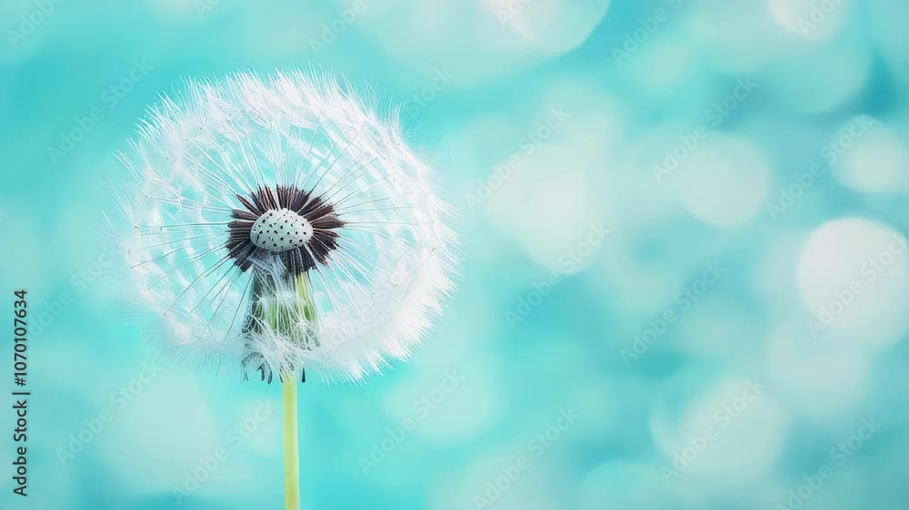 Poster a detailed close-up of a delicate dandelion with seeds ready to float away, against a soft, teal bok