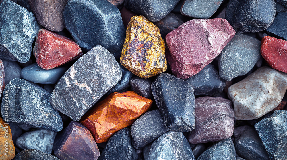 Poster dynamic arrangement of colored minerals in a textured abstract composition, highlighting natural pat