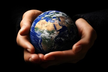 Hands gently holding a miniature Earth globe symbolizing environmental protection, global responsibility, and sustainability