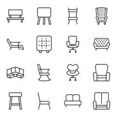 Furniture flat line icons set. Kitchen, bedroom, sofa table, bookcase closet, chair, mattress, lamps, ladder vector illustrations. Outline signs of house interior