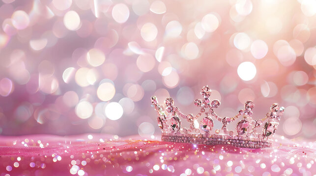 A beautiful princess tiara sits on a bed of pink silk. The tiara is made of silver and sparkles in the light. The pink silk is soft and luxurious.