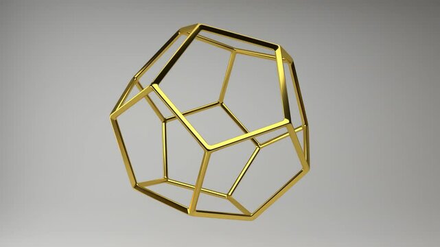 Realistic 3D rendering of a golden dodecahedron slowly rotating on its axis. Beautiful backdrop with the geometric shape of the Platonic solids. Looped footage.