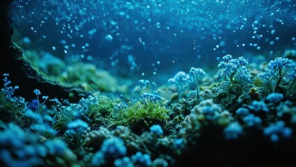Obraz premium A serene underwater scene featuring delicate blue-green algae and tiny flowers, illuminated by soft light, creating a tranquil and magical atmosphere