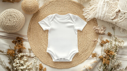 Minimalist baby onesie on rustic woven surface with dried flowers
