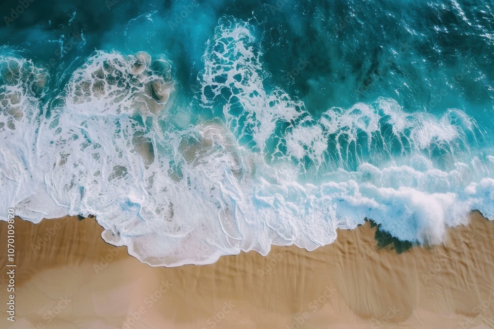 Poster turquoise ocean waves are crashing on a sandy beach creating foam in an aerial view