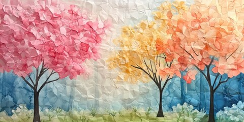 Pastel Watercolor Autumn Trees Landscape