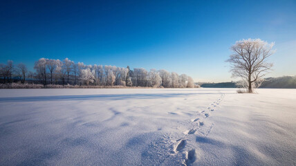 Naklejka premium Winter Wonderland with Footprints in Snow Frozen Lake Frosty Trees and Blue Sky