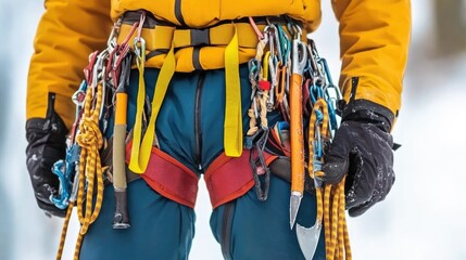 Man with full climbing gear standing near a frozen waterfall, with ice axes and ropes, ready for an ascent on a winter day.